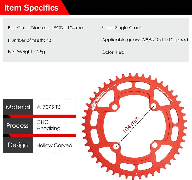 BESNIN Chainring 104 BCD Chainring 30T 32T 34T 36T 38T 40T 42T 44T 46T 48T 50T 52T Narrow Wide Tooth Round Chainring for 7/8/9/10/11/12 Speed MTB BMX Road Bike - Image 2